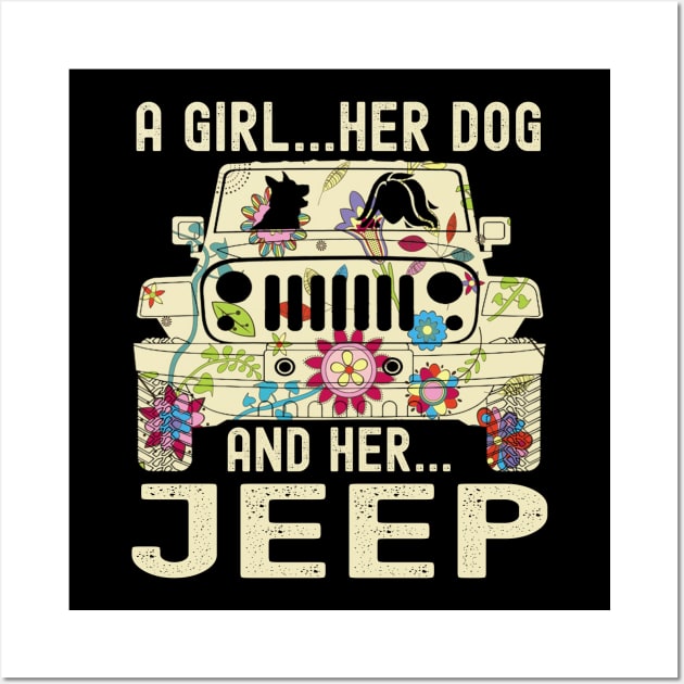 A Girl Her Dog And Her Jeep Cute FLower Jeep Jeeps Lover Jeep Girl Jeep Women Wall Art by Jane Sky